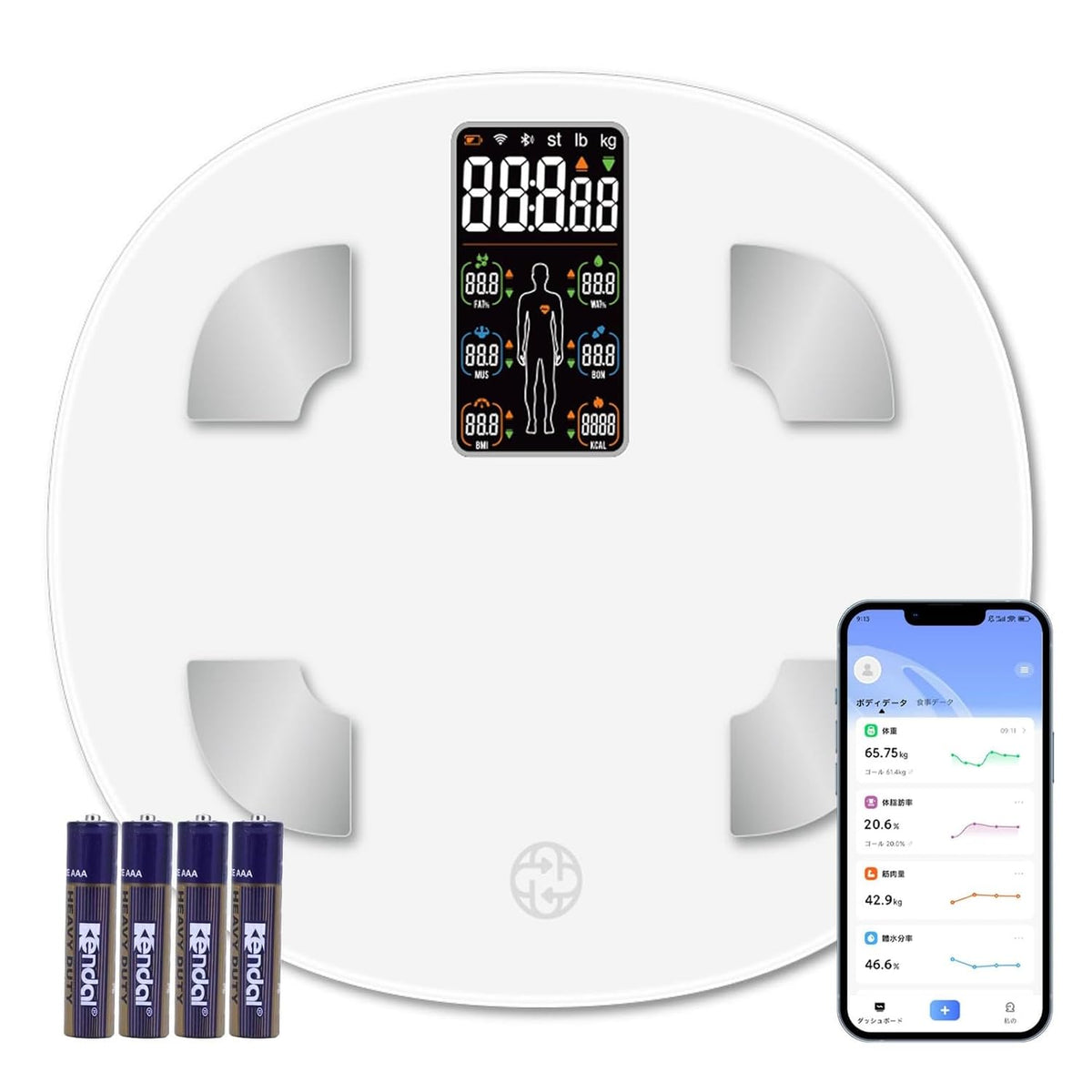 体重計 体組成計 体脂肪計 スマホ連動 Bluetooth対応 乗るだけ 高精度 ヘルスメーター 専用日本語アプリ iOS/Android対応 体重/体脂肪率/BMI/筋肉量/基礎代謝/内臓脂肪/体内年齢など25項目測定 自動グラフ化 家族登録可能 自動認識 4.7インチ大画面 薄型収納 180kg対応 電池付属 - 1