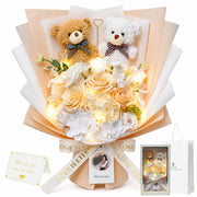ソープフラワー 花束 LEDライト付き くま入り ギフトセット バラ 枯れない花 誕生日 母の日 記念日 シャンパン 1個 (シャンパン, D29×W12x xH37.5cm) - 1