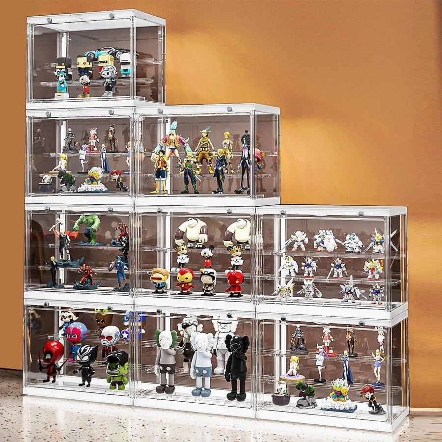 フィギュアケース 棚 アクリル 4個セット フィギュア棚 コレクションケース クリア 積み重ね可能 開閉 組み立て式 マグネット式扉 アクリルケース フィギュア ショーケース 防水防塵 幅30×奥17×高さ23cm ホワイト (4, S) - 1